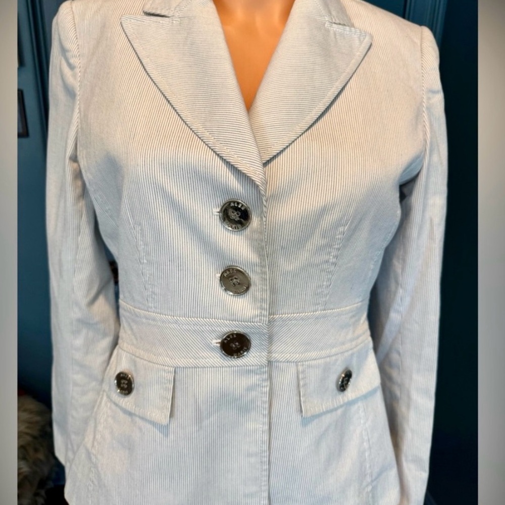 White Pinstripe Blazer Tailored Waist Career Jacket Petite 4P Alex Marie - Picture 2 of 10